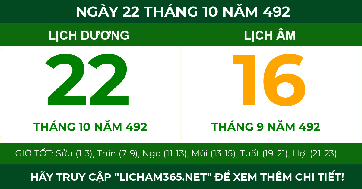 lịch âm ngày 22 tháng 10 năm 492