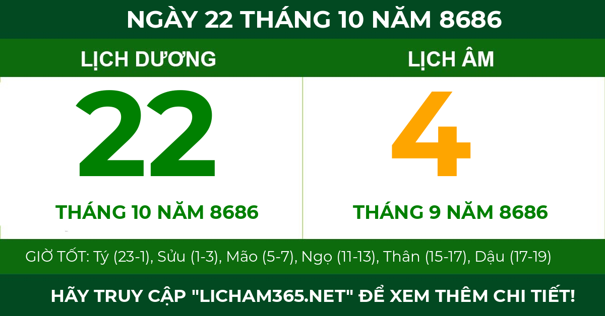 lịch âm ngày 22 tháng 10 năm 8686