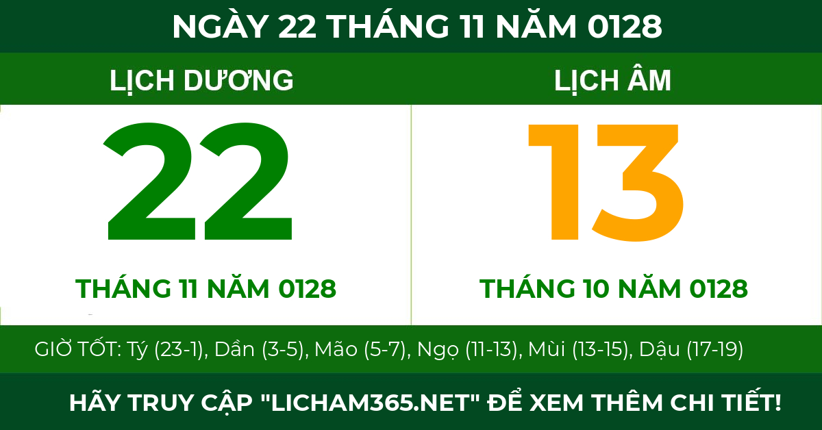 lịch âm ngày 22 tháng 11 năm 0128