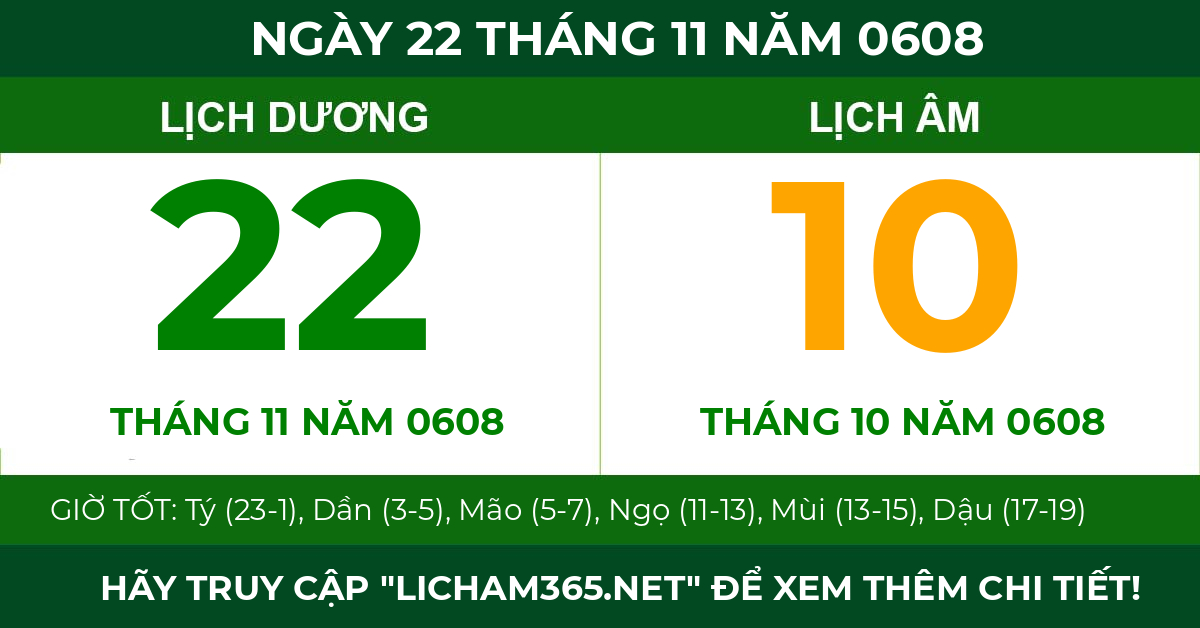 lịch âm ngày 22 tháng 11 năm 0608