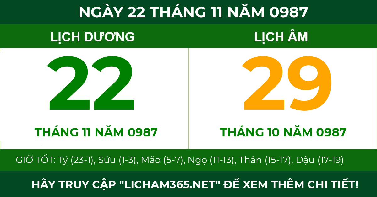 lịch âm ngày 22 tháng 11 năm 0987