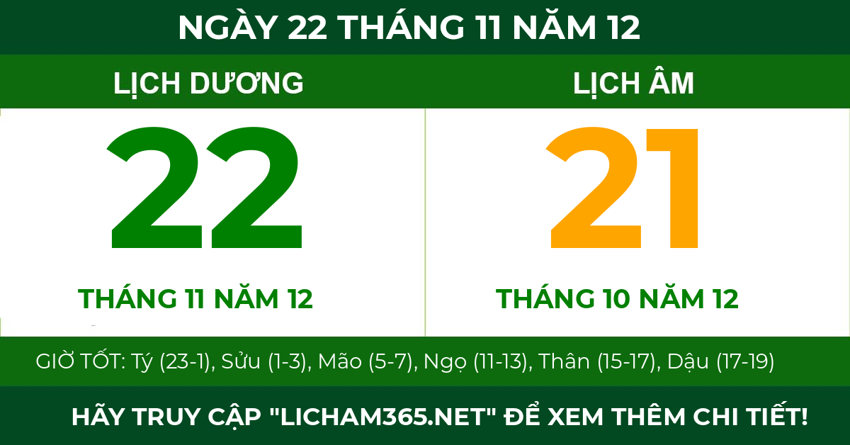 lịch âm ngày 22 tháng 11 năm 12
