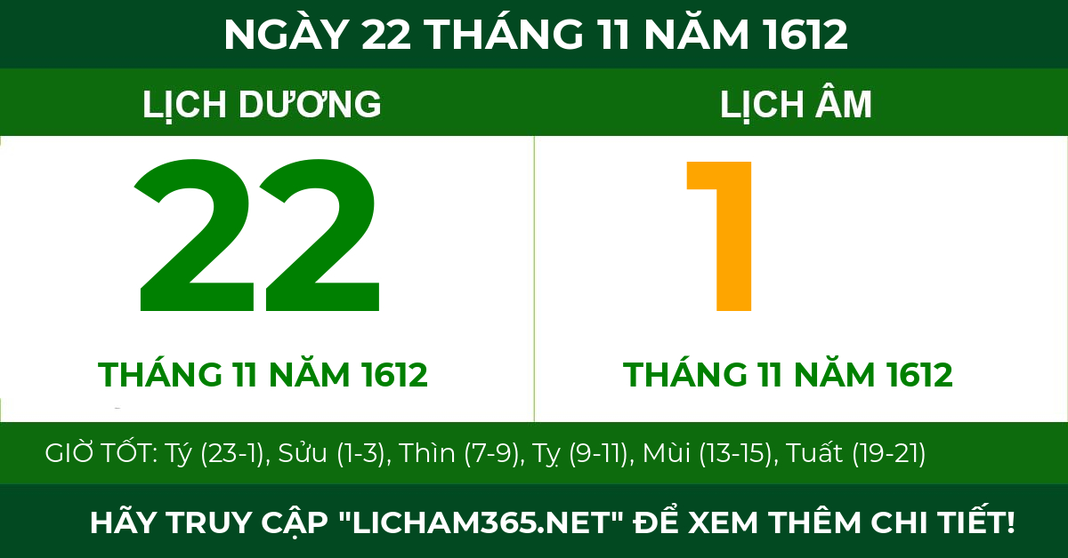 lịch âm ngày 22 tháng 11 năm 1612