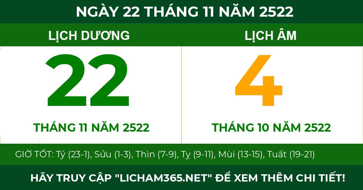 lịch âm ngày 22 tháng 11 năm 2522