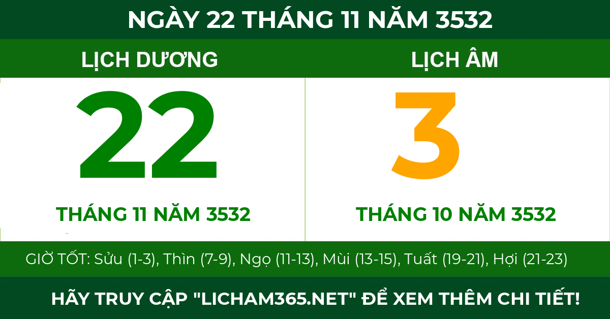 lịch âm ngày 22 tháng 11 năm 3532