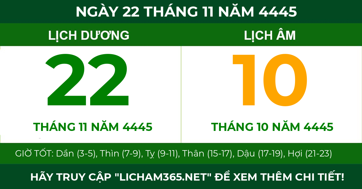 lịch âm ngày 22 tháng 11 năm 4445