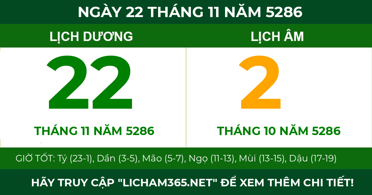 lịch âm ngày 22 tháng 11 năm 5286