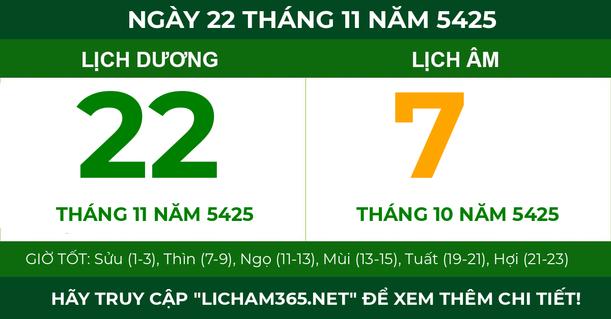 lịch âm ngày 22 tháng 11 năm 5425