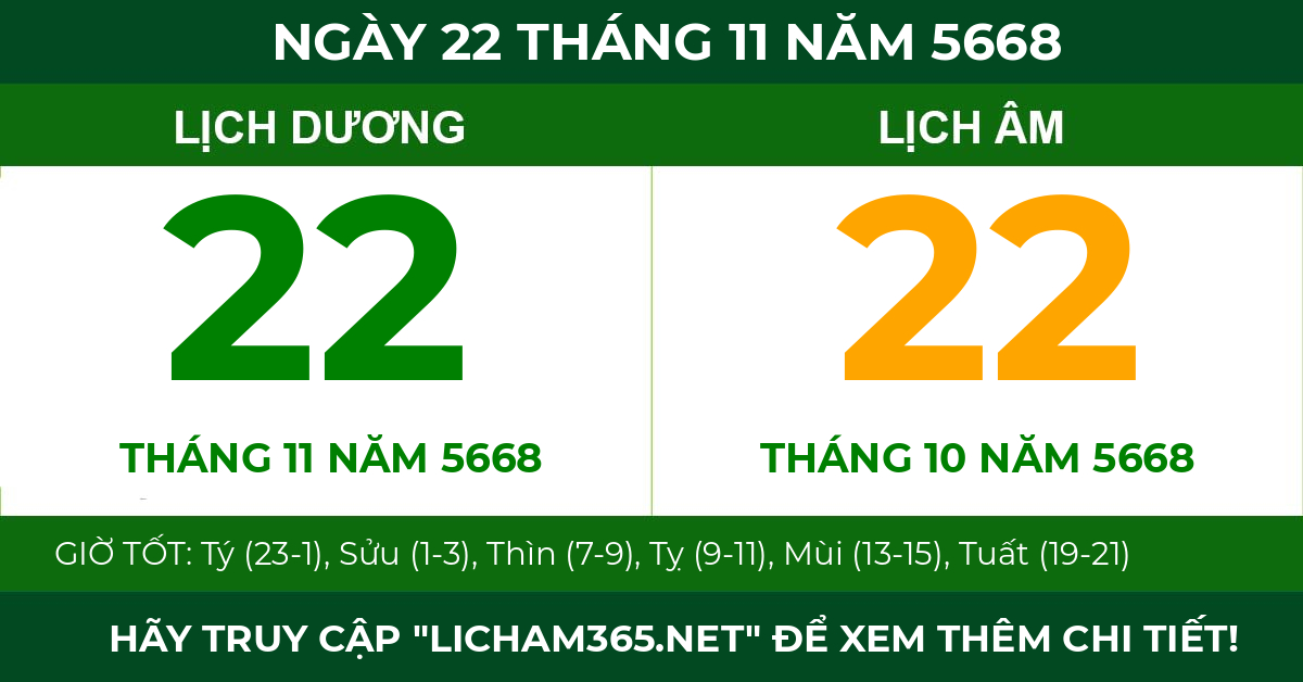 lịch âm ngày 22 tháng 11 năm 5668