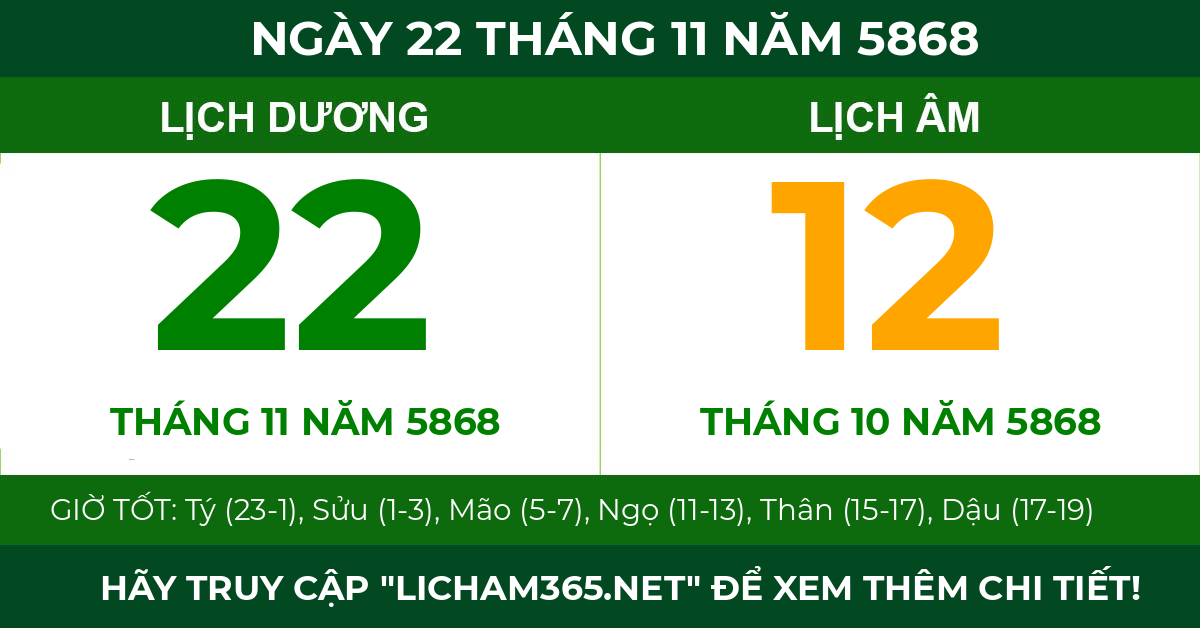 lịch âm ngày 22 tháng 11 năm 5868