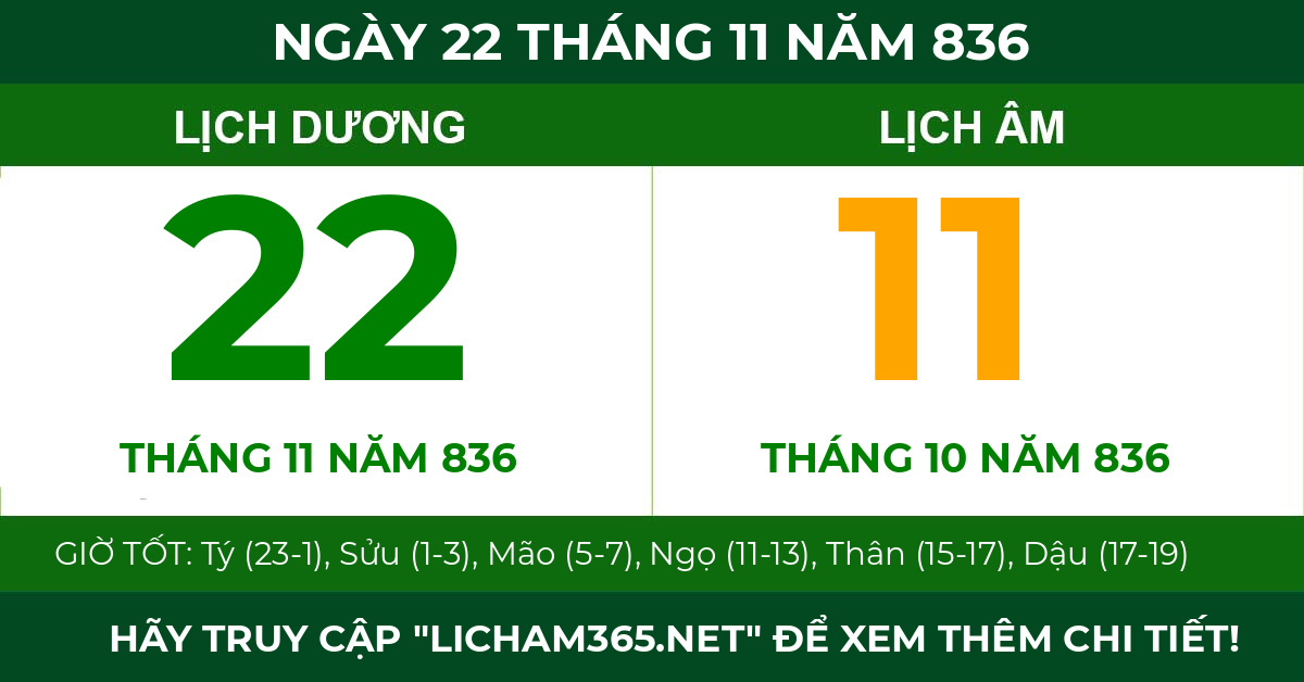 lịch âm ngày 22 tháng 11 năm 836