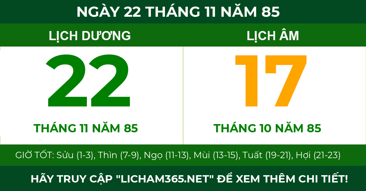 lịch âm ngày 22 tháng 11 năm 85