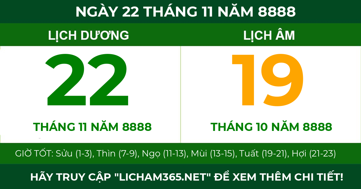 lịch âm ngày 22 tháng 11 năm 8888