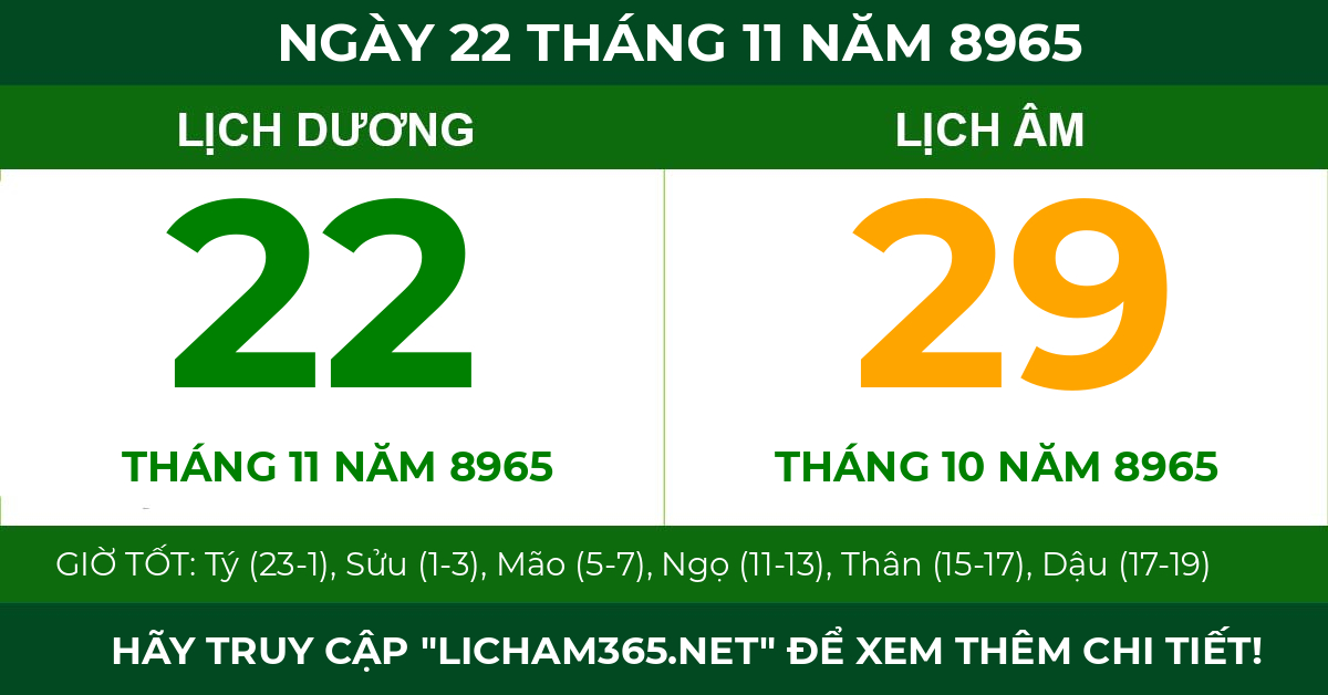 lịch âm ngày 22 tháng 11 năm 8965