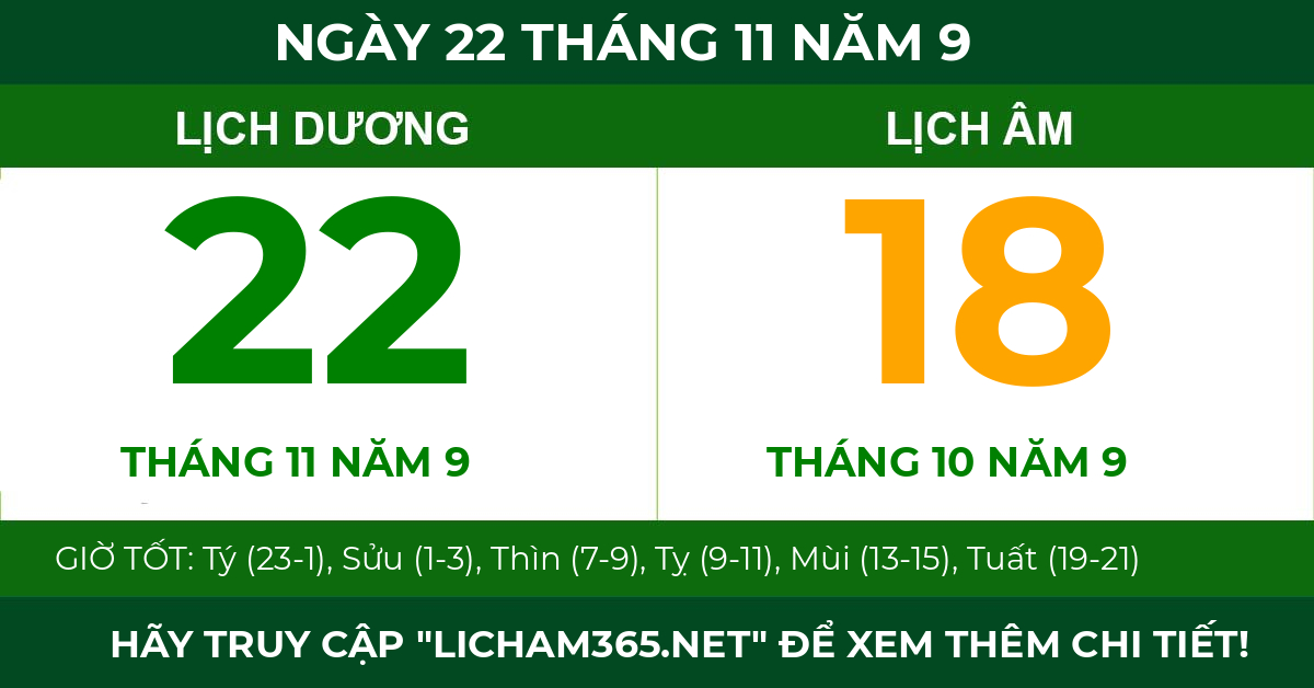 lịch âm ngày 22 tháng 11 năm 9