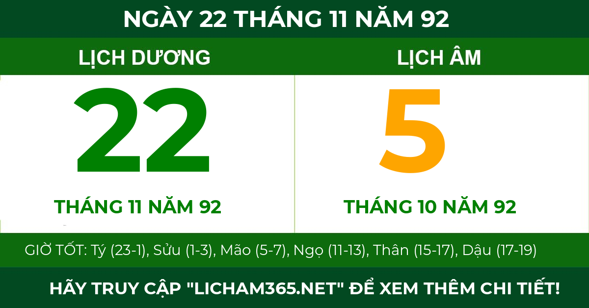 lịch âm ngày 22 tháng 11 năm 92