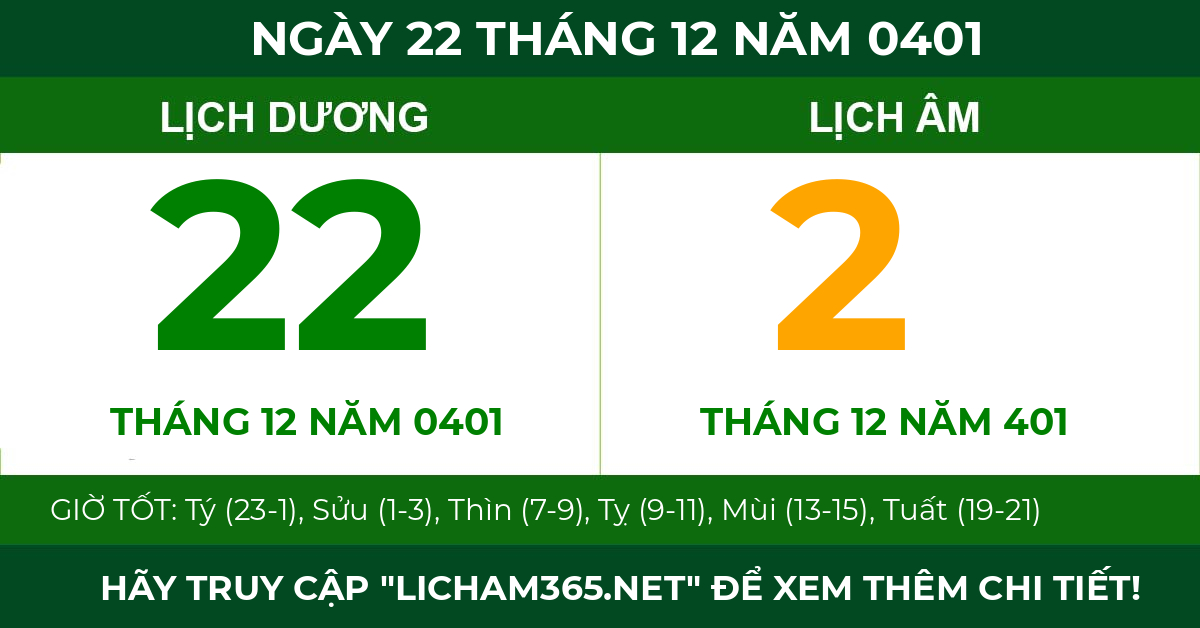 lịch âm ngày 22 tháng 12 năm 0401