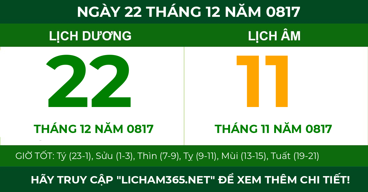 lịch âm ngày 22 tháng 12 năm 0817