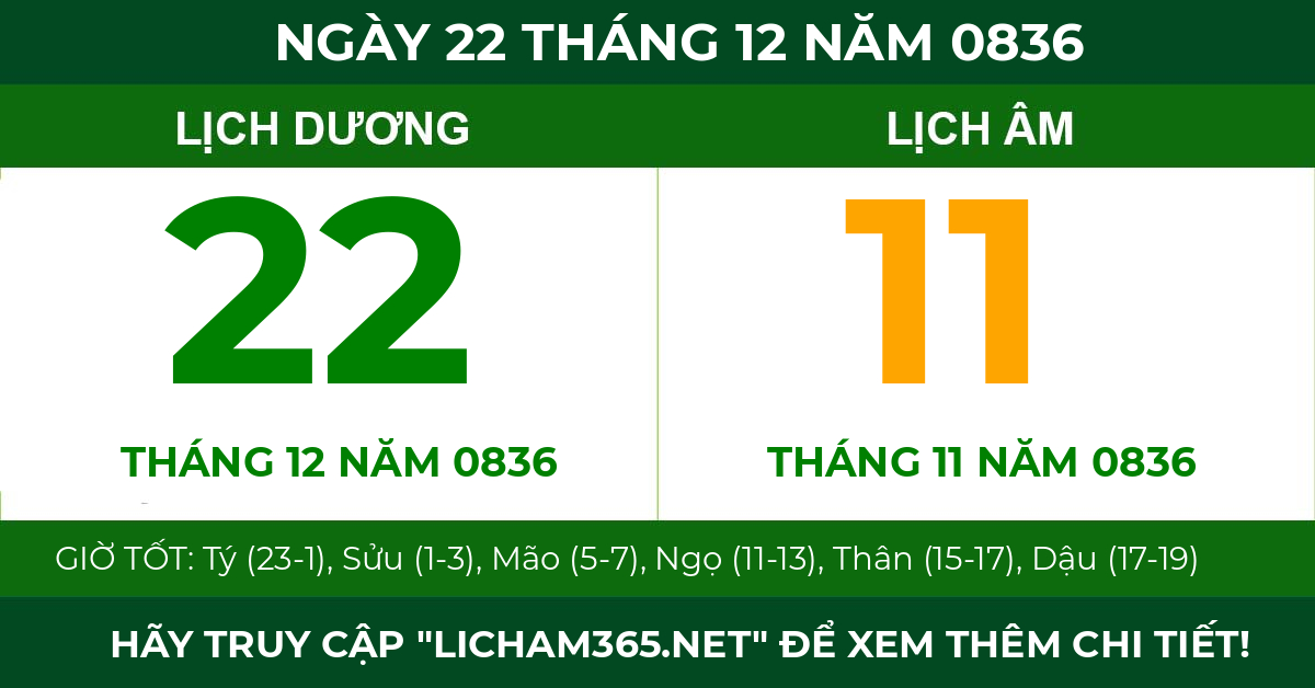 lịch âm ngày 22 tháng 12 năm 0836