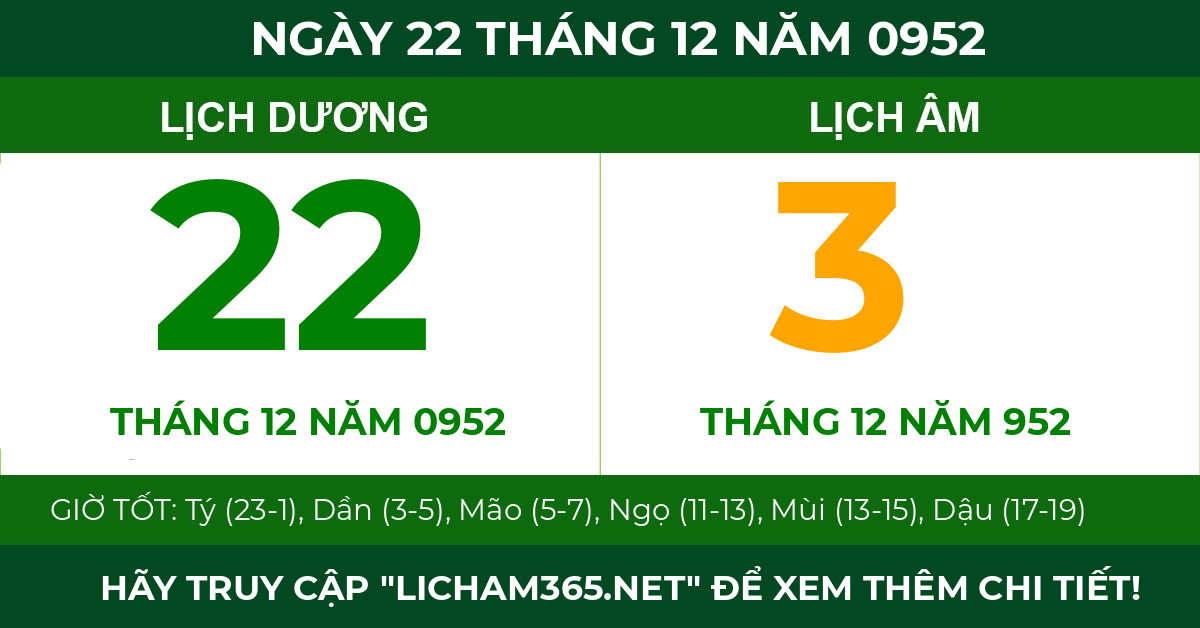 lịch âm ngày 22 tháng 12 năm 0952