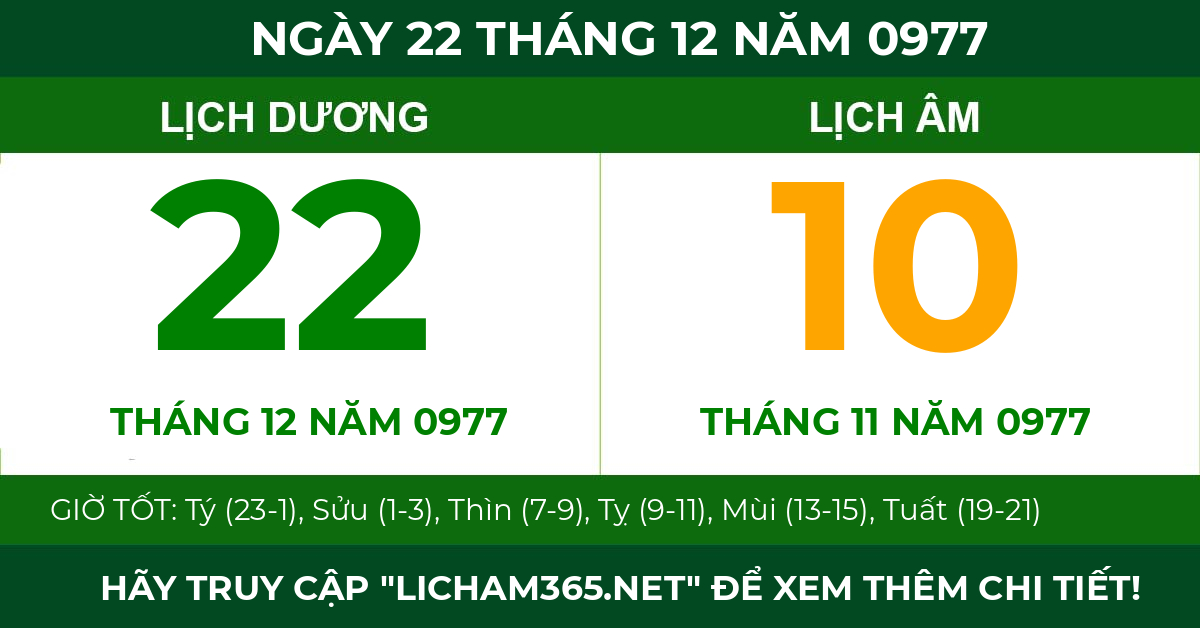 lịch âm ngày 22 tháng 12 năm 0977