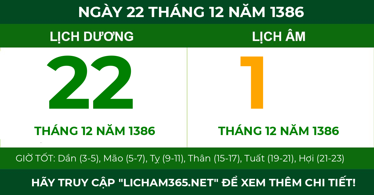 lịch âm ngày 22 tháng 12 năm 1386
