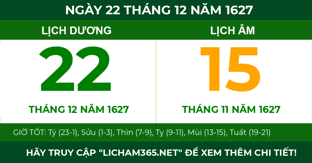 lịch âm ngày 22 tháng 12 năm 1627