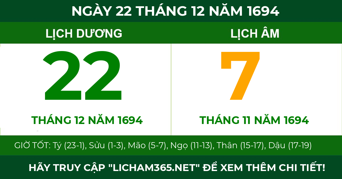 lịch âm ngày 22 tháng 12 năm 1694