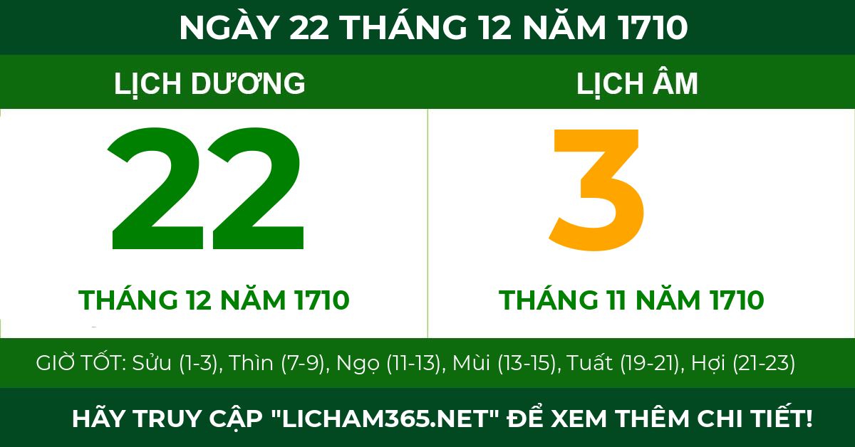 lịch âm ngày 22 tháng 12 năm 1710
