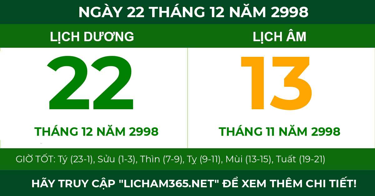 lịch âm ngày 22 tháng 12 năm 2998