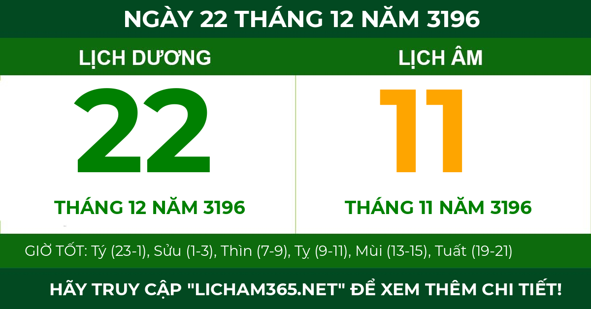 lịch âm ngày 22 tháng 12 năm 3196