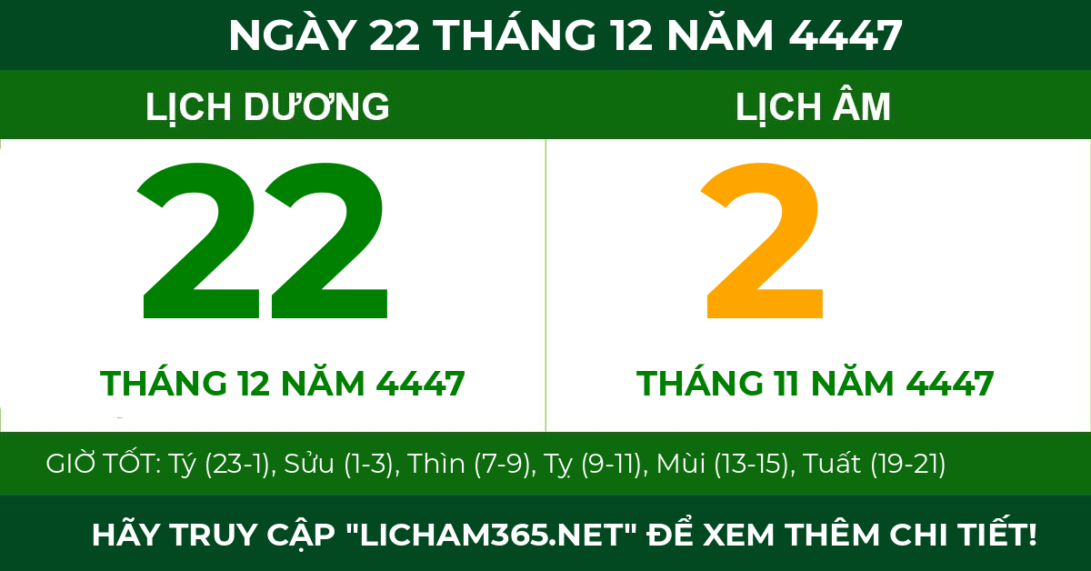 lịch âm ngày 22 tháng 12 năm 4447
