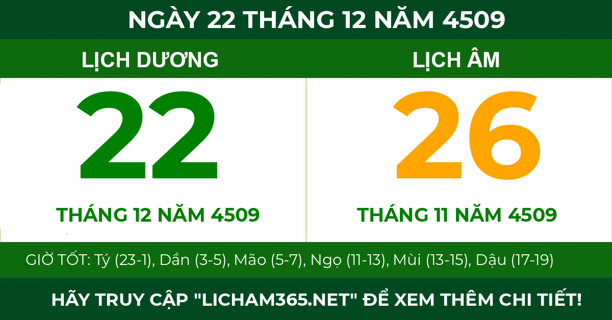 lịch âm ngày 22 tháng 12 năm 4509