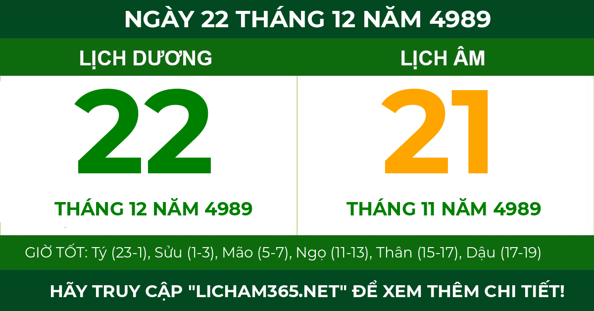 lịch âm ngày 22 tháng 12 năm 4989