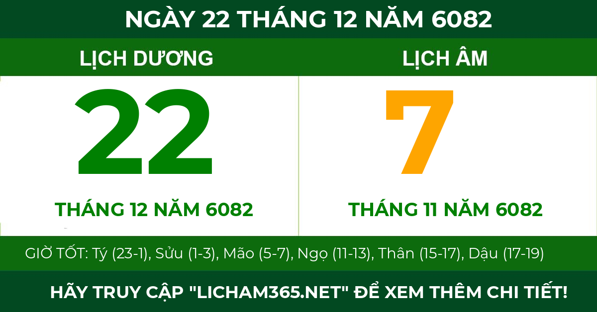 lịch âm ngày 22 tháng 12 năm 6082