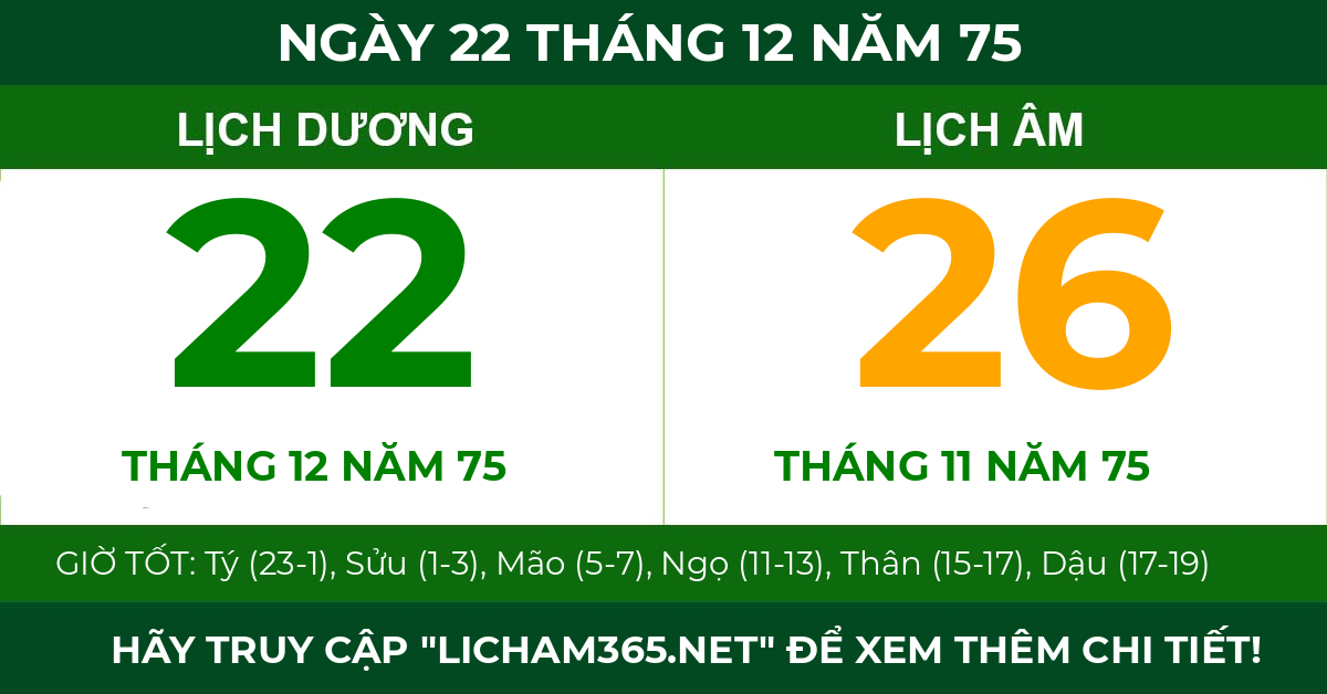 lịch âm ngày 22 tháng 12 năm 75