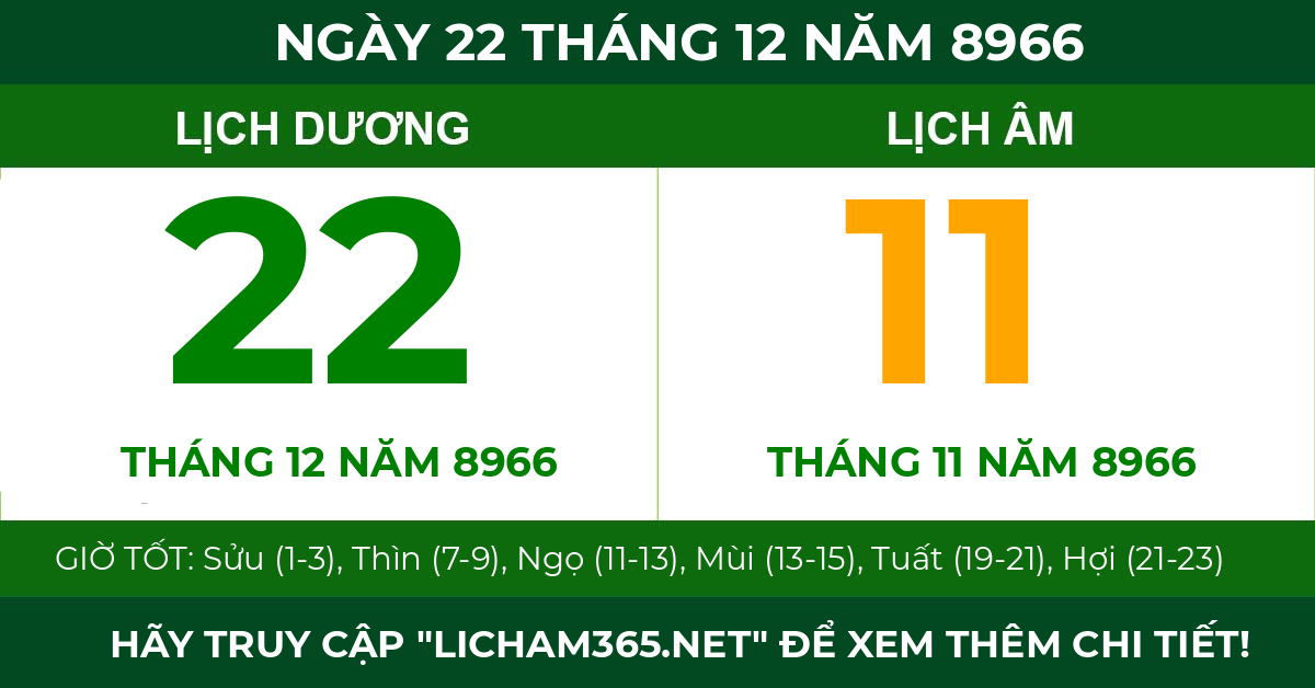 lịch âm ngày 22 tháng 12 năm 8966