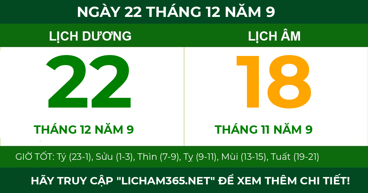 lịch âm ngày 22 tháng 12 năm 9