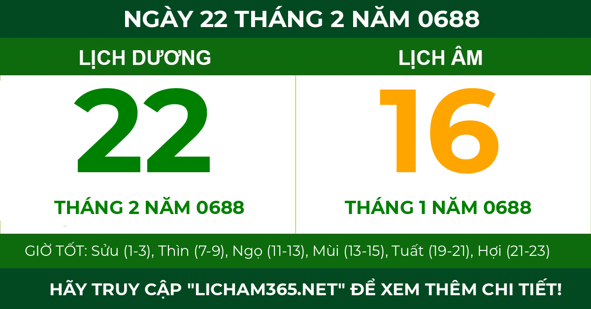 lịch âm ngày 22 tháng 2 năm 0688