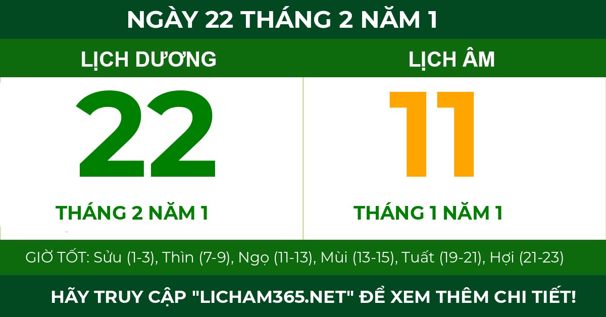 lịch âm ngày 22 tháng 2 năm 1
