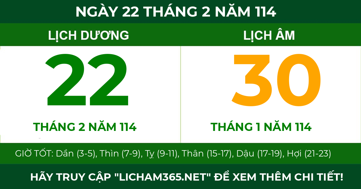 lịch âm ngày 22 tháng 2 năm 114