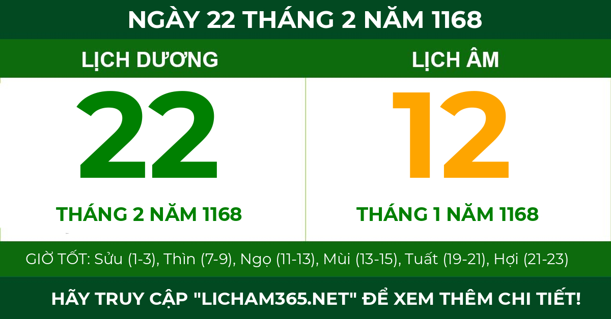 lịch âm ngày 22 tháng 2 năm 1168