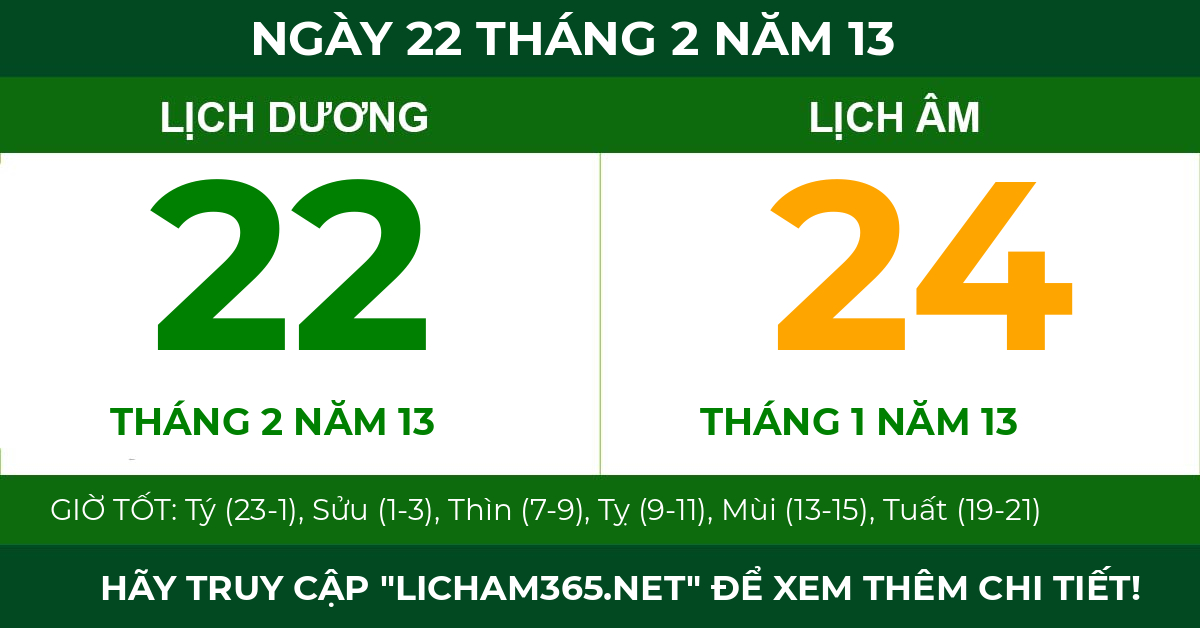 lịch âm ngày 22 tháng 2 năm 13