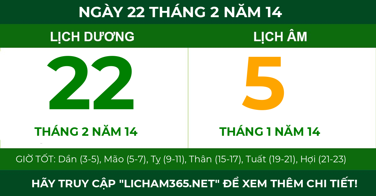 lịch âm ngày 22 tháng 2 năm 14