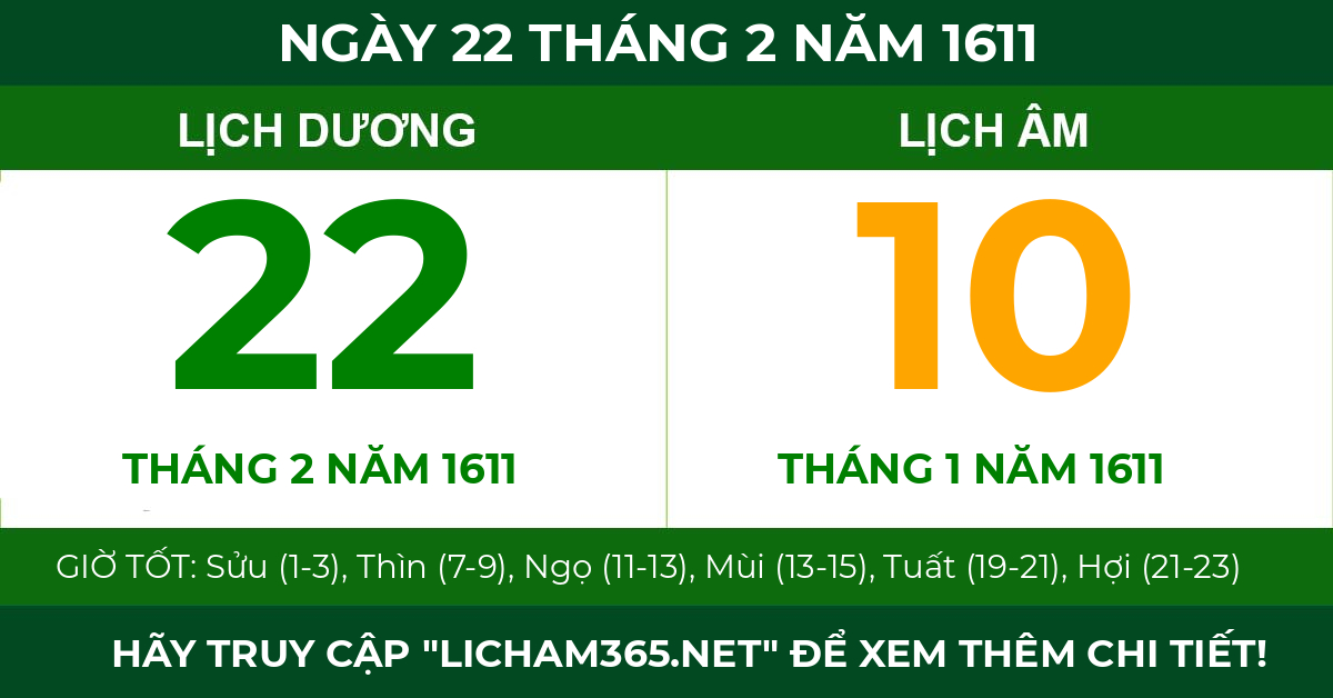 lịch âm ngày 22 tháng 2 năm 1611
