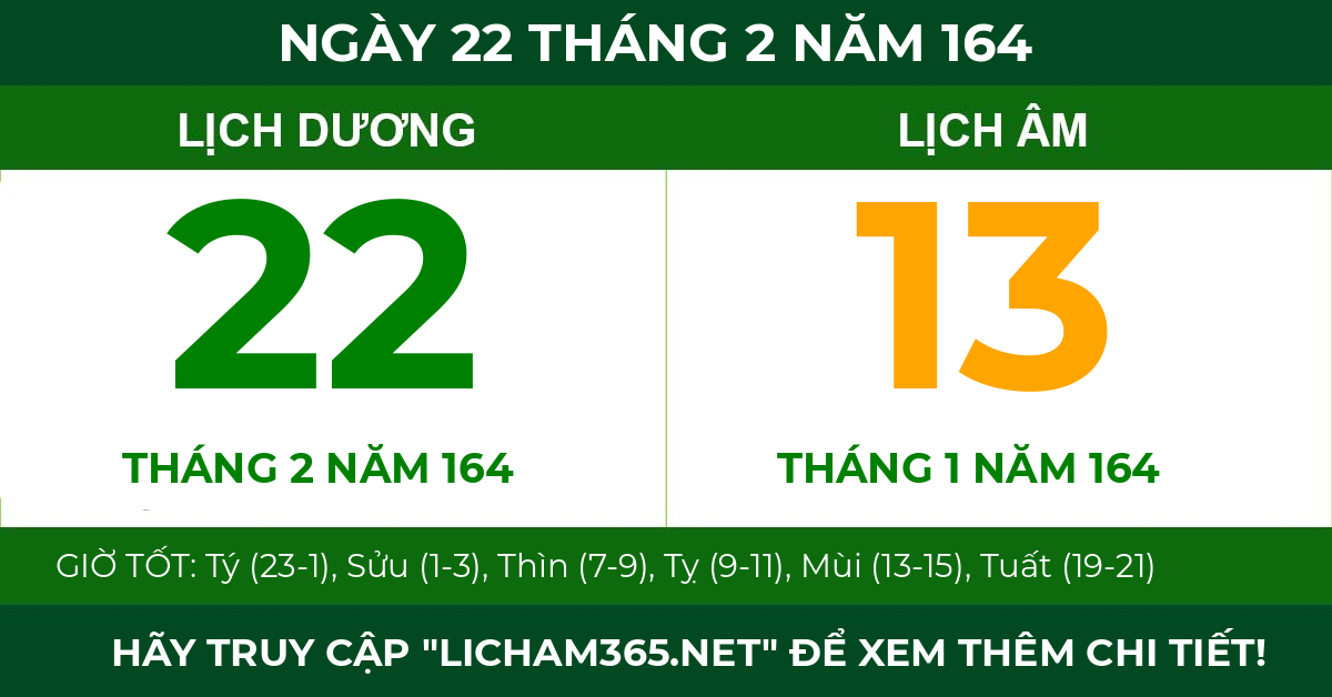 lịch âm ngày 22 tháng 2 năm 164