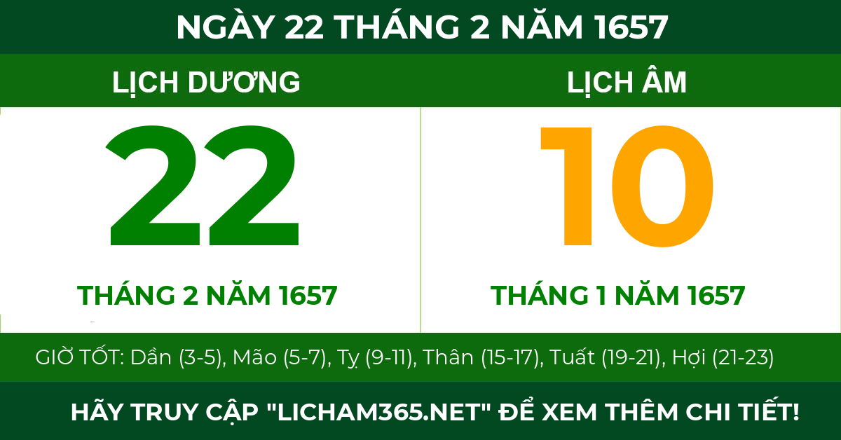 lịch âm ngày 22 tháng 2 năm 1657