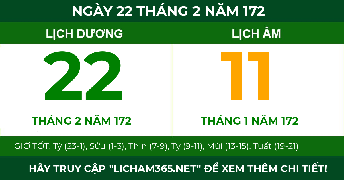 lịch âm ngày 22 tháng 2 năm 172