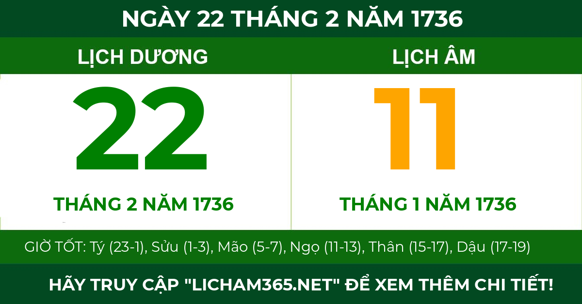 lịch âm ngày 22 tháng 2 năm 1736