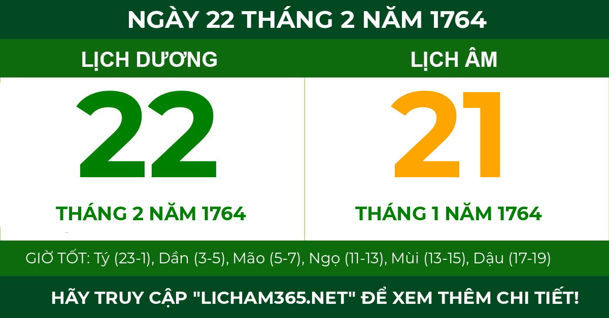 lịch âm ngày 22 tháng 2 năm 1764
